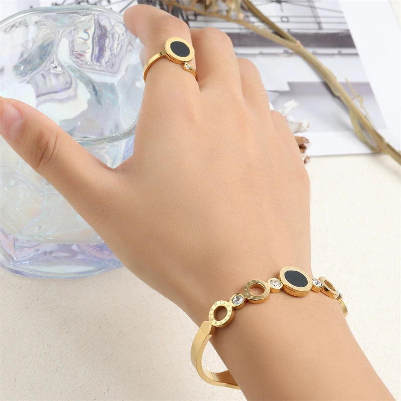 ZAKOL 2 Pcs Fashion Bracelet Rings For Women Black Acrylic Roman Numeral Stainless Steel Couple Bracelet Jewelry Set Gift