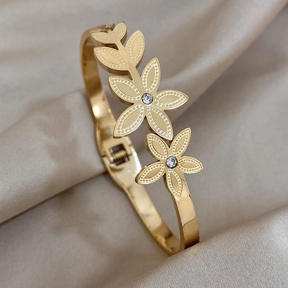 Greatera Stainless Steel Double Flower Cuff Bracelet Bangle for Women Gold Color Metal Floral Bracelets Waterproof Party Jewelry