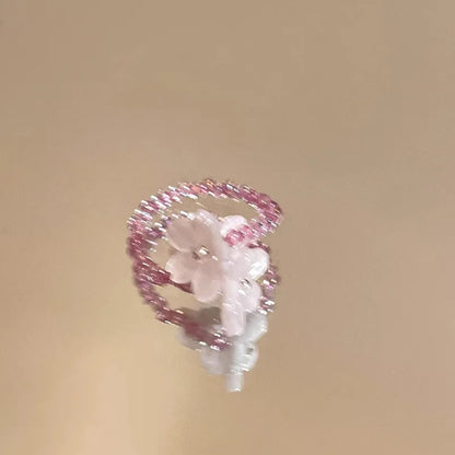 Violet Flower Acrylic Ring New Korean Style White Lily Index Finger Ring Elastic Beaded Unique Creativity Fold Women Jewelry