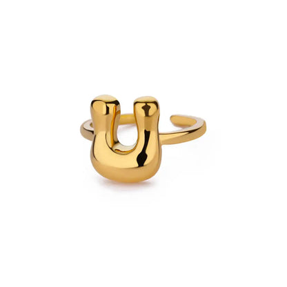 Gold Color Cute Bubble Letters Rings For Women Stainless Steel A-Z Alphabet Opening Ring Wedding Party Christmas Jewelry