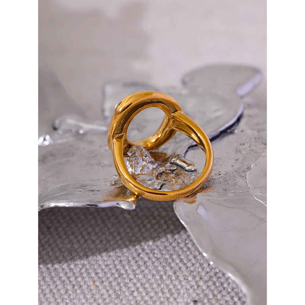 Yhpup Creative Stainless Steel Geometric Hollow Golden Minimalist Ring Fashion Waterproof Unusual Trendy Textured Jewelry