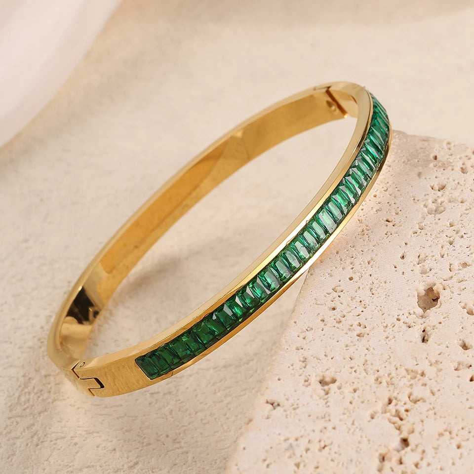 Yupsk New Green Crystal Zircon Five-leaf Flower Series Bracelet 316L Stainless Steel Open Bangle Bracelets Women Jewelry Gift