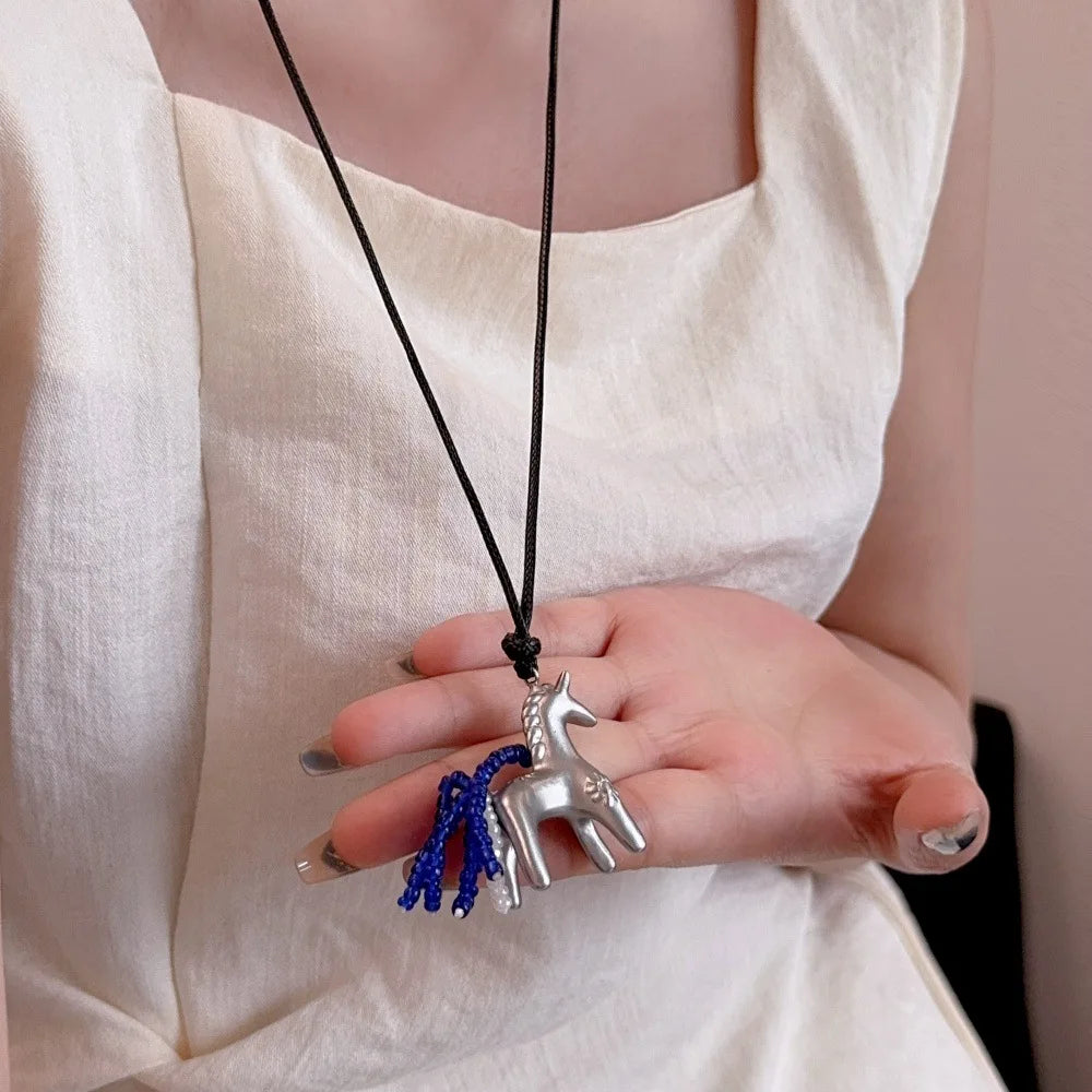 Minar New Luxury Metallic Cartoon Horse Beads Strand Tassel Pendant Necklaces for Women Long Adjustable Wax Rope Chain Choker