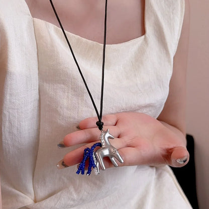 Minar New Luxury Metallic Cartoon Horse Beads Strand Tassel Pendant Necklaces for Women Long Adjustable Wax Rope Chain Choker