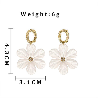 White Flower Dangle Earrings for Women Acrylic Big Floral Metal Circle Drop Earrings Korean Fashion Cute Girl Party Jewelry Gift