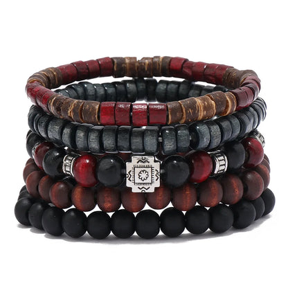 Bracelet For Men New Retro Style Cross Black Wooden Beads Coconut Shell Multi-piece Set Of Personality Bracelet