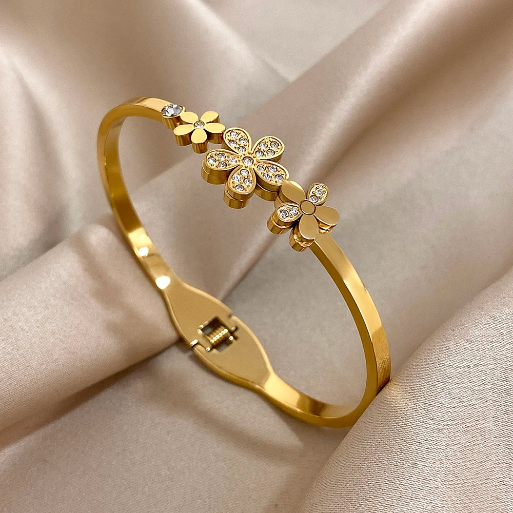 Greatera Stainless Steel Double Flower Cuff Bracelet Bangle for Women Gold Color Metal Floral Bracelets Waterproof Party Jewelry