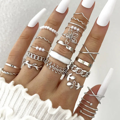 Silver Color Geometric Knuckle Ring Set For Women Artificial Pearl Simple Chain Finger Ring Female Bohemian Jewelry Accessories