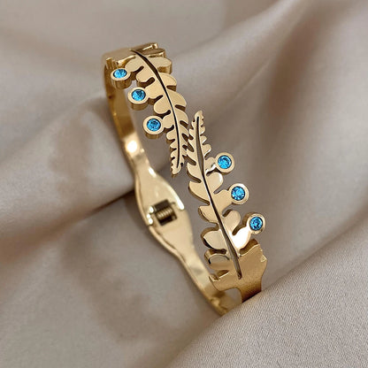 Greatera Stainless Steel Double Flower Cuff Bracelet Bangle for Women Gold Color Metal Floral Bracelets Waterproof Party Jewelry