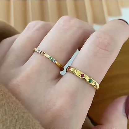 INS Stainless Steel Rainbow Color Cubic Zircon Stone Finger Rings for Women Gold Plated Waterproof Stacker Ring Jewelry Gift