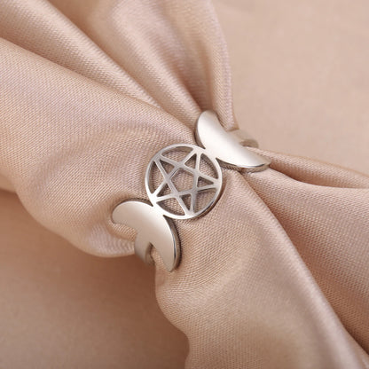 COOLTIME Pentagram Triple Moon Goddess Symbol Rings for Women Men Stainless Steel Crescent Star Ring Vintage Wicca Jewelry Gift