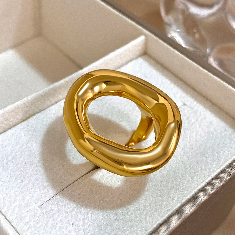 Irregular Geometric Circle Rings for Women Men Fashion Chunky Gold Plated Stainless Steel Finger Rings Unique Design Jewelry