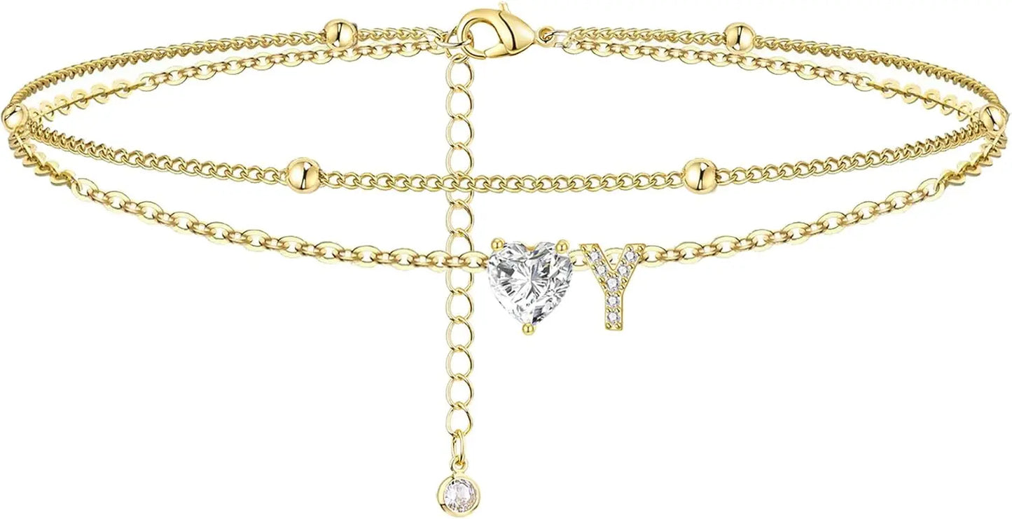 Ankle Bracelets for Women Waterproof 14K Gold Plated CZ Initial Dainty Layered Heart Anklets Foot Chain Summer Beach Jewelry