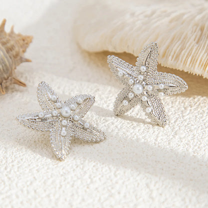 LATS Trendy Gold Color Simulated Starfish Stud Earrings for Women Exquisite Small Star Pearl Earring Summer Beach Daily Jewelry