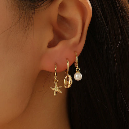 Fashion Asymmetric Ocean Style Earrings Stud  For Women Starfish Shell Earring Ear Ring Imitation Pearl Zircon Jewelry Gift