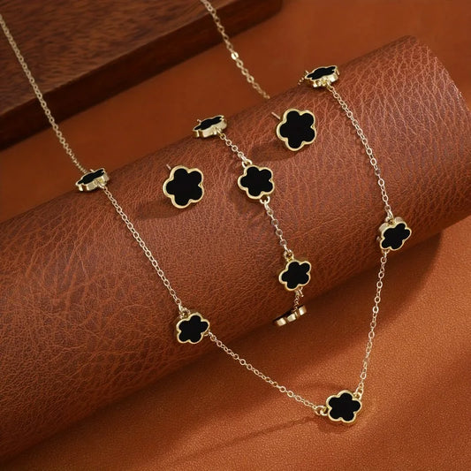 3pcs/set Lucky Five-petal Flower Necklace Bracelet Earrings Set for Women Elegant Clover Fashion Party Jewelry Gifts Accessories