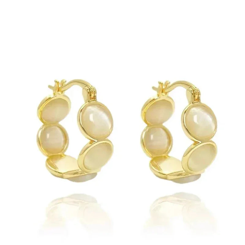 Sweet Girls' Pink Round Opals Hoop Earrings 2025 New Design Jewelry Luxury Accessories Suitable for Women's Daily Wear Earrings