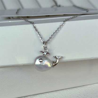 Baroque Whale Necklace, Alien Pearl, Marine Life Pendant, Clavicle Chain, Small Fish Earnail Set, Color Preserved