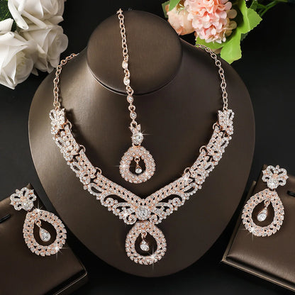 5-piece bridal jewelry set for women, exaggerated retro luxury crystal necklace, earrings and headdress set
