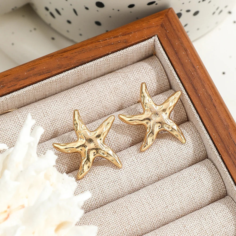 LATS Punk Metal Starfish Stud Earrings for Women Fashion Gold Color Star Geometric Temperament Earrings Summer Jewelry Gift
