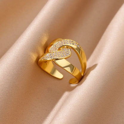 Zircon Cristal Geometric Rings For Women Stainless Steel Gold Color Adjustable Finger Ring Trendy Wedding Luxury Jewerly Gift
