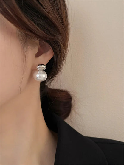 LATS New French Elegant Gold Color Bean Spliced Flat Pearl Earrings for Korean Fashion Jewelry Party Women's Sweet Accessories