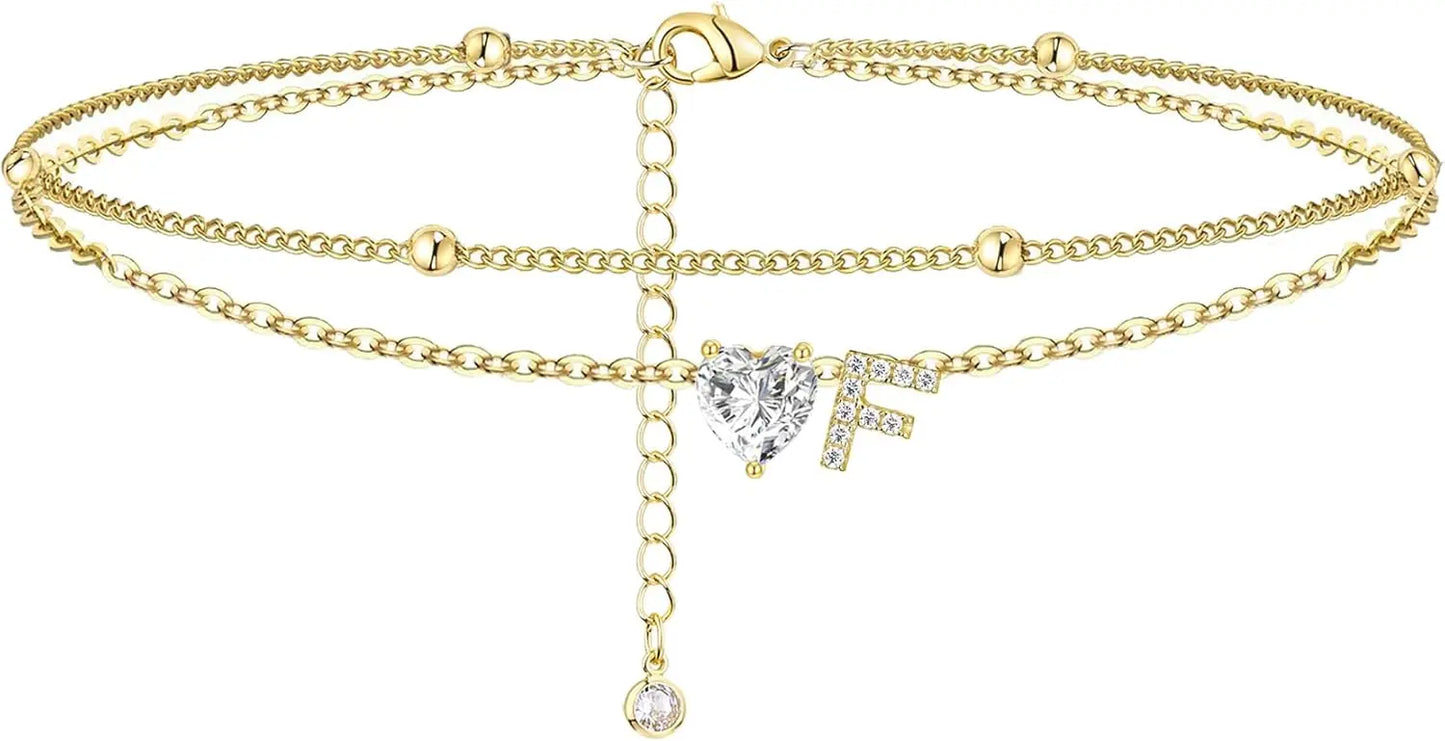 Ankle Bracelets for Women Waterproof 14K Gold Plated CZ Initial Dainty Layered Heart Anklets Foot Chain Summer Beach Jewelry