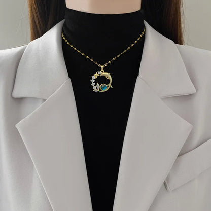 Exquisite Dolphin Star Blue Crystal Pendant Necklace For Women Fashion Personalized Daily Accessory Party Jewelry Birthday Gifts