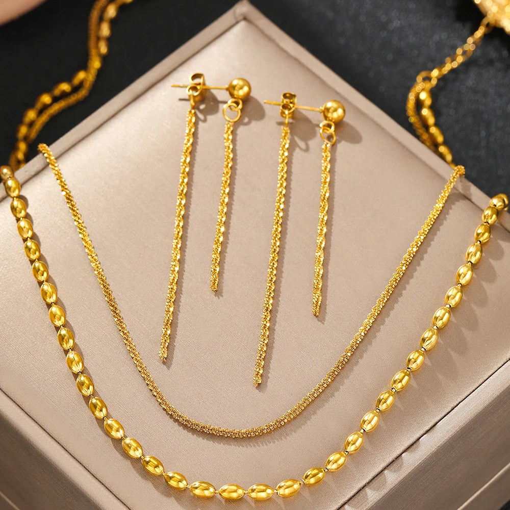Stainless Steel Jewelry Set Earrings Necklace Set Beads Necklace Hanging Chain Earrings Jewelry Set For Women Jewelry Party Gift