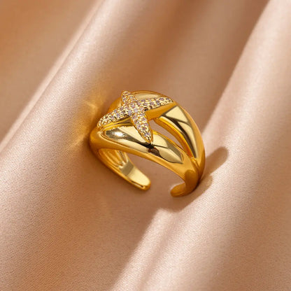 Zircon Cristal Geometric Rings For Women Stainless Steel Gold Color Adjustable Finger Ring Trendy Wedding Luxury Jewerly Gift