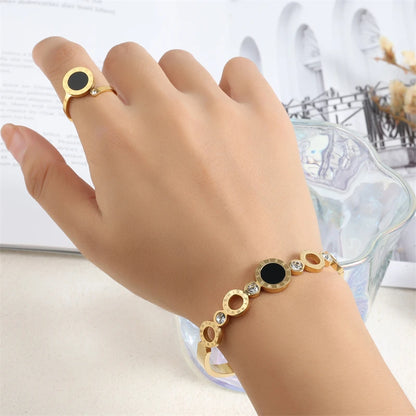 ZAKOL 2 Pcs Fashion Bracelet Rings For Women Black Acrylic Roman Numeral Stainless Steel Couple Bracelet Jewelry Set Gift