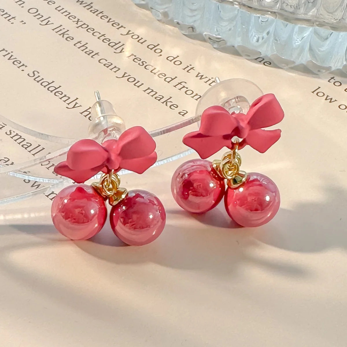 Super Sweet Pink Bow Earrings S925 Silver Needle Sweet Girl Heart Candy Bead Earrings Summer Fresh Earrings