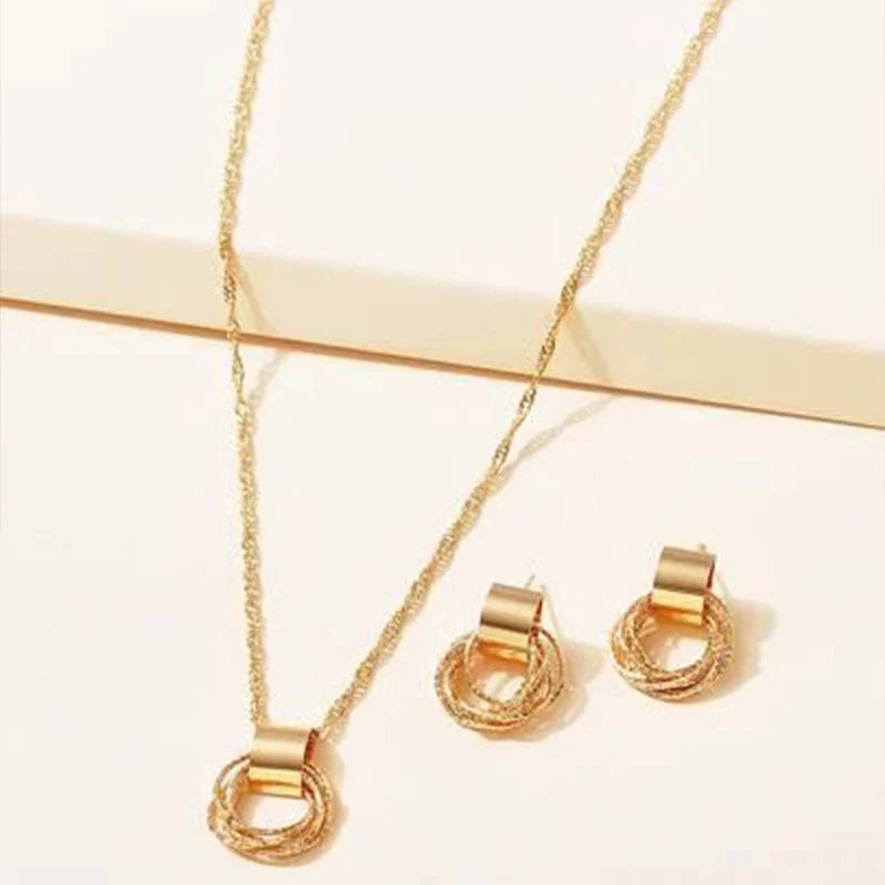 2 PCS Set Multiple Small Circle Pendant Earring Set Gold Plating Link Chain Wedding Party Jewelry Set Silver Color Stud Earring