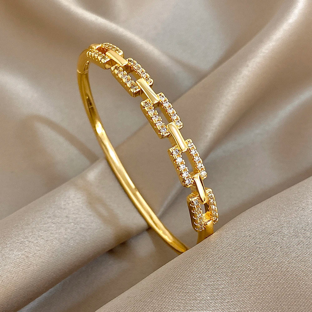 Flashbuy Gold Color Chic Inlaid Zircon Copper Bangle Bracelet For Women Statement New Design Temperament Wrist Fashion Jewelry