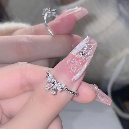 Romantic Lovely White Bowknot Rings Female Girls Exquisite Jewelry Ring with Shiny Bow Tie Zircon for Party Dating Lovers Gifts