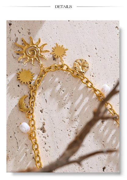 Yhpup Trendy Starfish Moon Sun Shaped Pendant Charm Necklace Statement Stainless Steel Golden Chain Fashion Jewelry PVD Plated