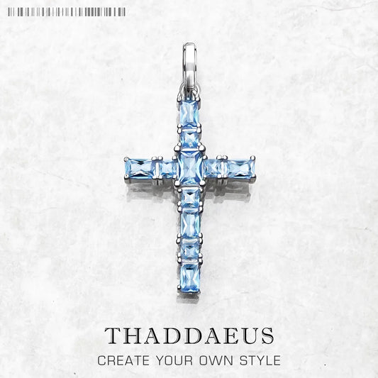 Pendant Cross with Aquamarine Stones Brand New Fine Jewelry 925 Sterling Silver Accessories Romantic Gift For Woman