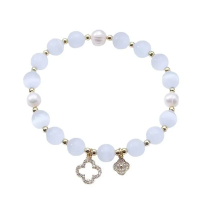 New Bracelet Women's Lucky Four-Leaf Flower Crystal Bracelet Elastic Rope Pearl Transfer Bead Hand Chain Jewelry Bangles Gift