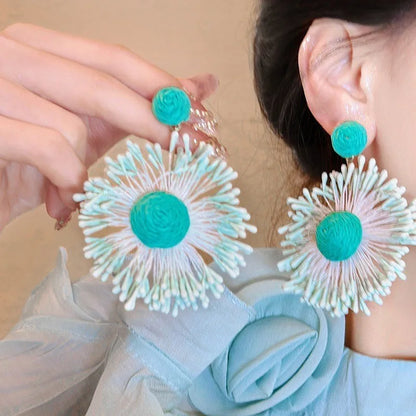 New Colorful Sun Flower Raffia Bead Earrings For Women Girl Handmade Bohemian Rattan Knit Earrings Summer Party Jewelry Gifts