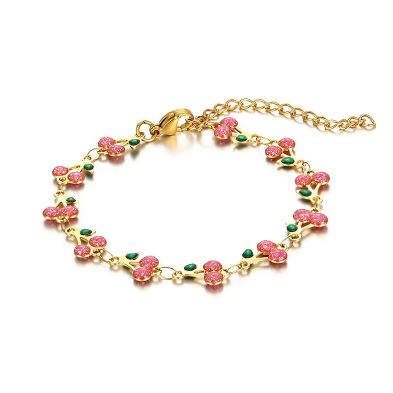 Charm Cherry Bracelet For Women Retro Bohemian Stainless Steel Bracelet For Girls Party Holiday Fashion Jewelry Gift