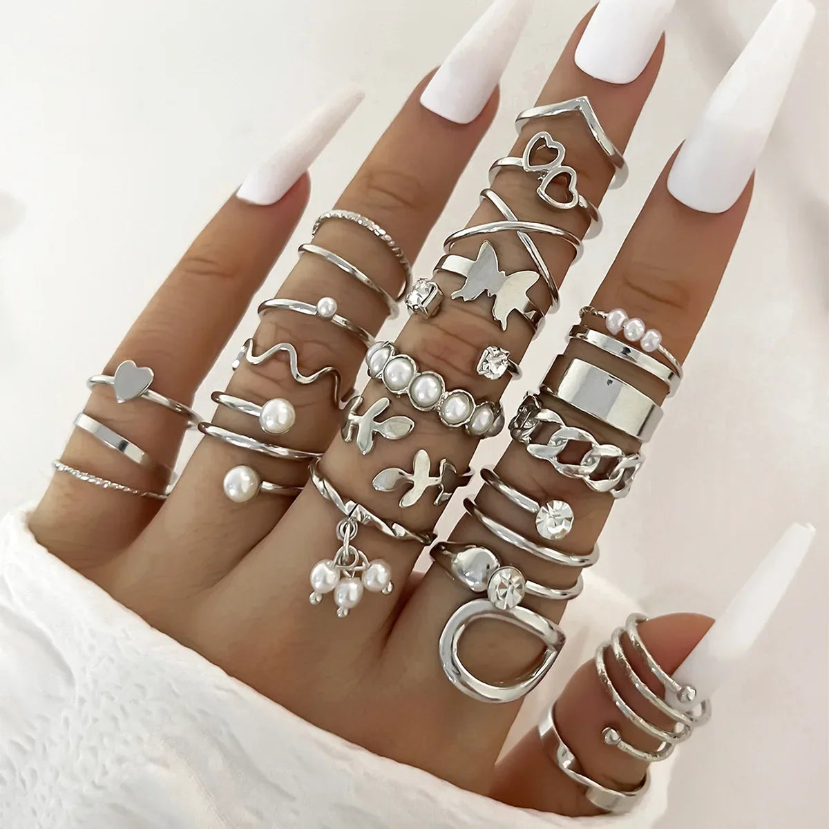 Silver Color Geometric Knuckle Ring Set For Women Artificial Pearl Simple Chain Finger Ring Female Bohemian Jewelry Accessories