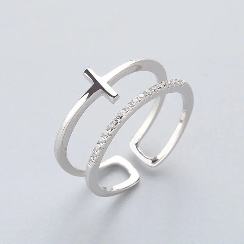 Trendy Gold Color Double Layer Cross Rings For Women Shiny Zircon Geometric Open Adjustable Finger Ring Party Wedding Jewelry