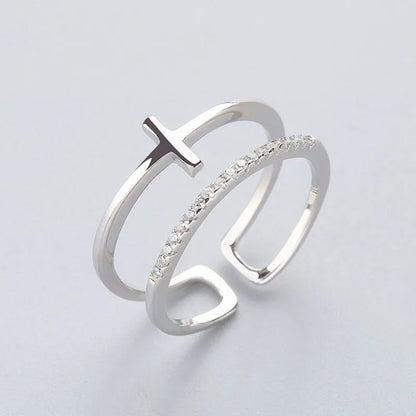 Trendy Gold Color Double Layer Cross Rings For Women Shiny Zircon Geometric Open Adjustable Finger Ring Party Wedding Jewelry