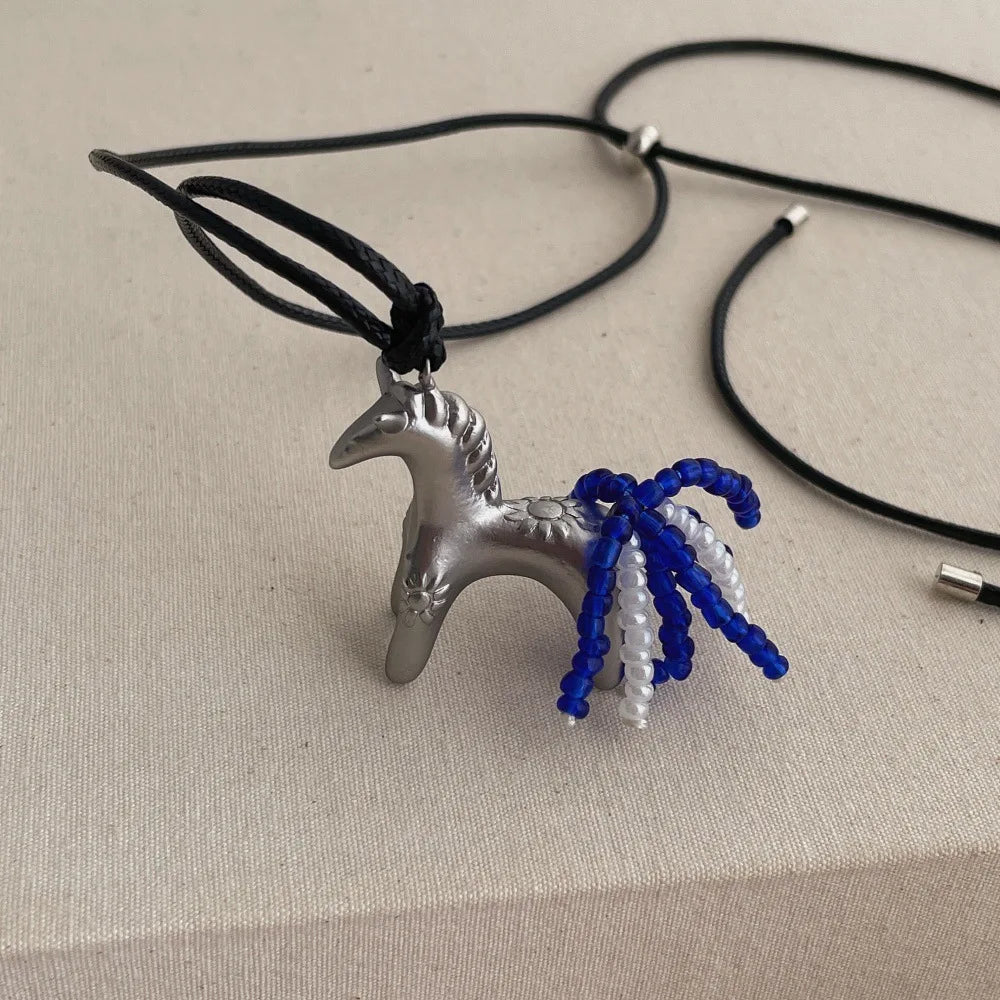 Minar New Luxury Metallic Cartoon Horse Beads Strand Tassel Pendant Necklaces for Women Long Adjustable Wax Rope Chain Choker