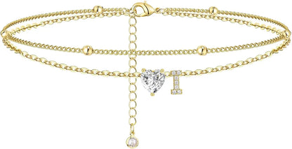 Ankle Bracelets for Women Waterproof 14K Gold Plated CZ Initial Dainty Layered Heart Anklets Foot Chain Summer Beach Jewelry