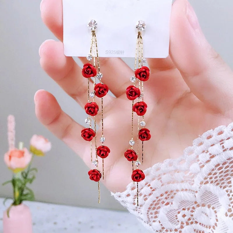 New Rose Flower Long Tassel Dangle Earrings Women Blue Red Green Rhinestone Flowers Hanging Earring Girls Party Wedding Jewelry
