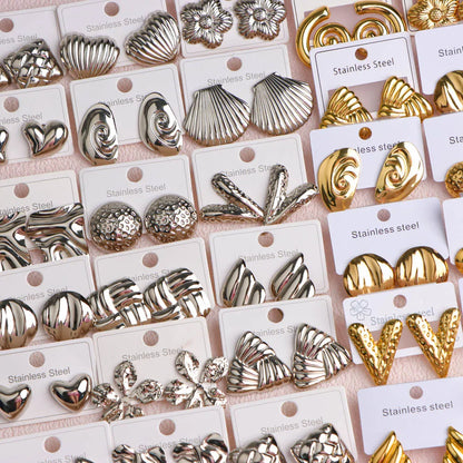 10Pairs/Lot Elegant Simple Stainless Steel Women Earrings Geometric Heart Mixed Style Jewelry Gift Giving Wedding Travel