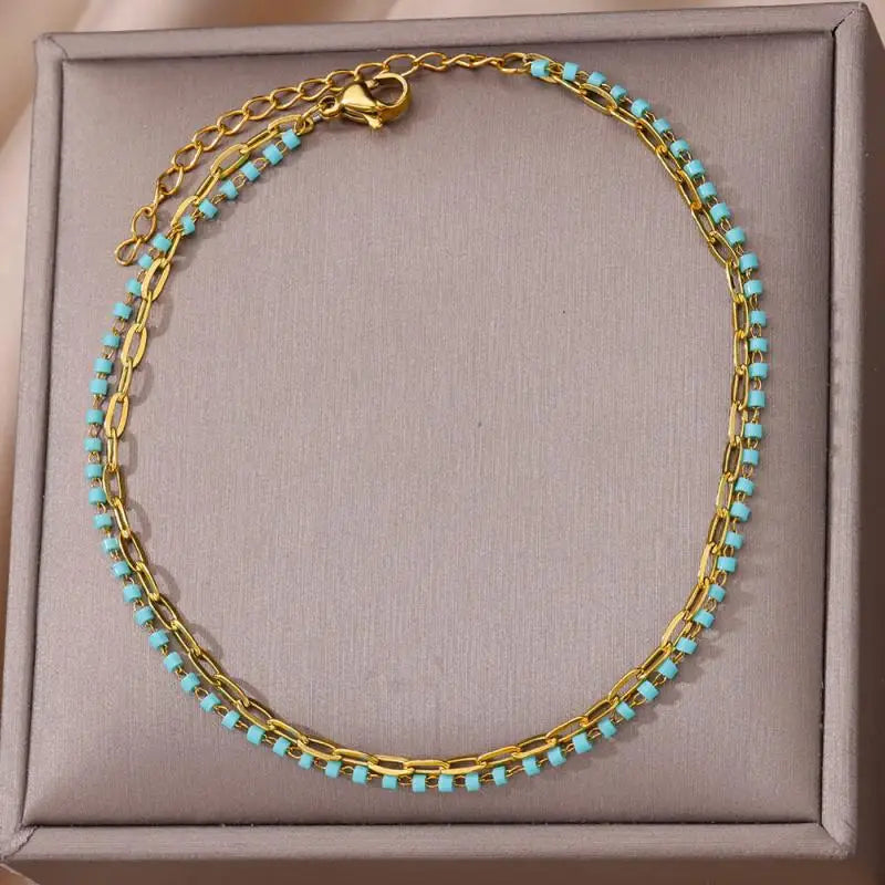 Anklets for Women Stainless Steel Stone Beaded Chain Anklet Summer Beach Accessories Boho Leg Bracelets Jewelry Tobilleras Mujer