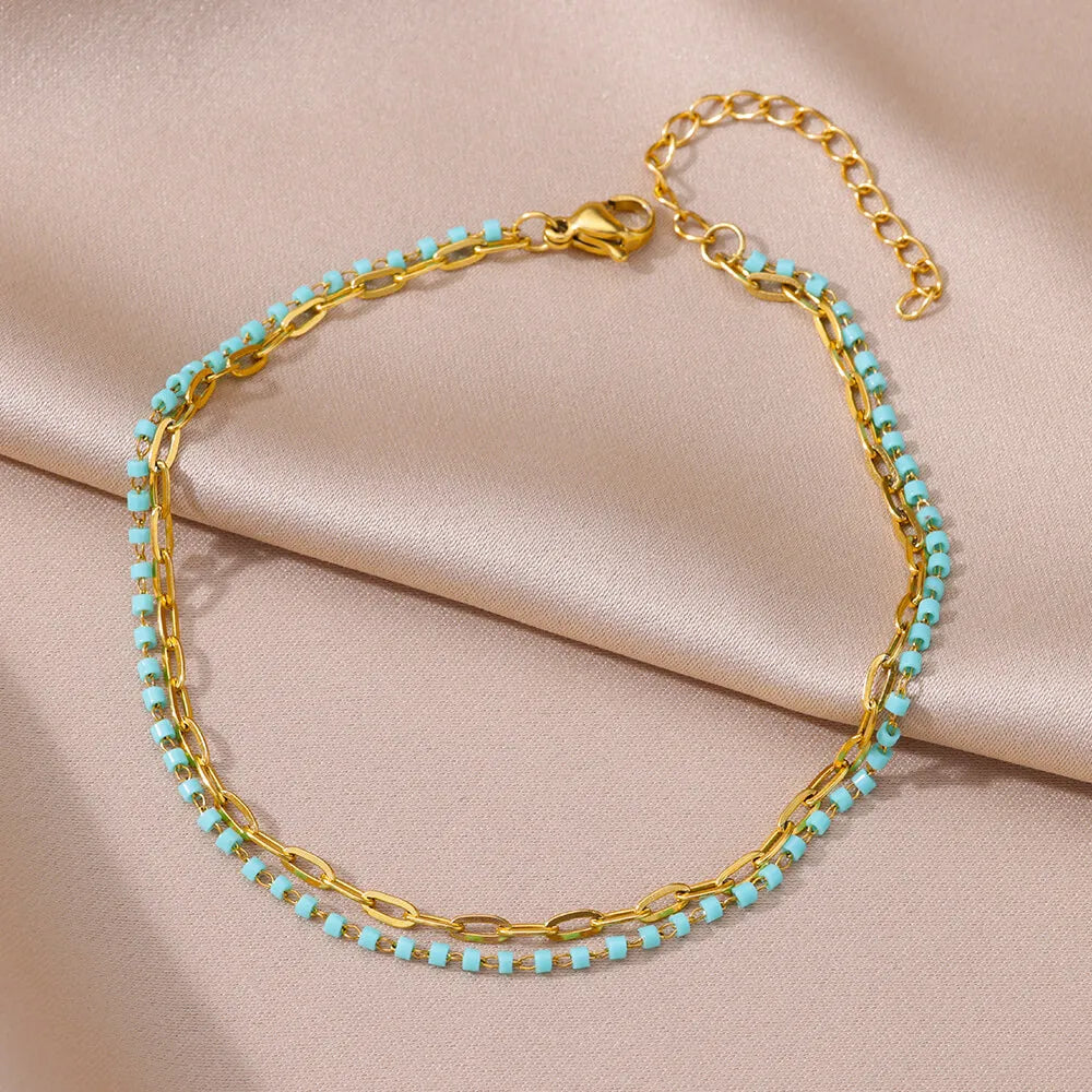 Anklets for Women Stainless Steel Stone Beaded Chain Anklet Summer Beach Accessories Boho Leg Bracelets Jewelry Tobilleras Mujer