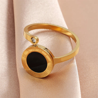 ZAKOL 2 Pcs Fashion Bracelet Rings For Women Black Acrylic Roman Numeral Stainless Steel Couple Bracelet Jewelry Set Gift